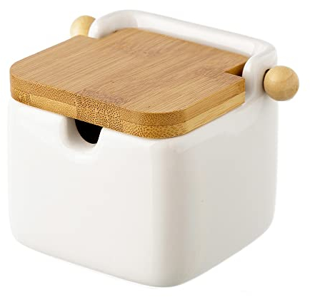 PLUS HOME Azucarero Cocina, Ceramica con Tapa Madera Diseño Modernos.Blanco liso-1 8x8x10cm