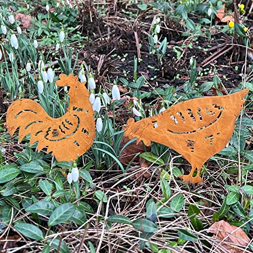 Edelrost Deko Hahn und Henne Gartenstecker Tierfiguren in Naturrost Blumenstecker