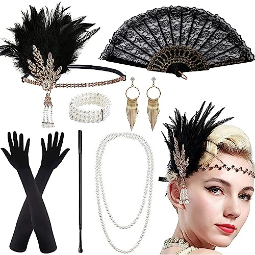9 Stück 20er Jahre Accessoires Damen, 20er Jahre Kostüm Damen, 20er Jahre Kleid Zubehör, Karneval Great Gatsby Outfit Accessoires, Kopfschmuck, Handschuhe, Perlenkette, Armband, Ohrringen, FaltfäCher