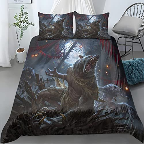 Bettwäsche 135x200 Werwolf Viking 3D Druck Bettbezug Set 2 Teilig Wolf Wikinger Microfaser Weich Bettbezüge + 1 Kissenbezug 80x80 cm, mit Reißverschluss