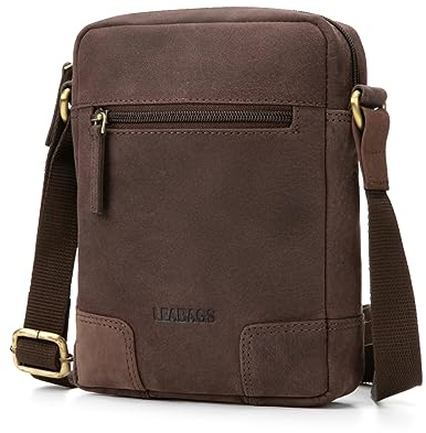 LEABAGS Leder kleine Umhängetasche Herren I Messenger Bag mit Schultergurt I Schultertasche I Herren Reisetasche I Tragetasche I Handtasche I Handytasche I Leder handgefertigt I Nature Dunkelbraun