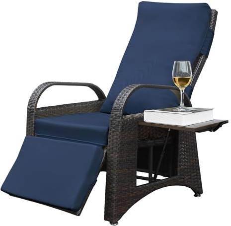 ATR ART TO REAL Recliner Garden Chairs,Adjustable Reclining Armchair With Integrated table,All weater Resin Rattan and Removable Cushion for Indoor Outdoor(Navy Blue)