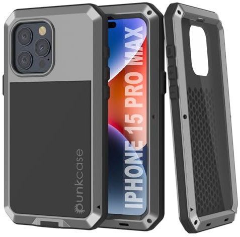 PunkCase Metallhülle für iPhone 15 Pro Max (6,7 Zoll) (2023), robuste Schutzhülle in Militärqualität, Hartaluminium und TPU-Design mit Displayschutzfolie aus gehärtetem Glas für iPhone 15 Pro Max (6,7