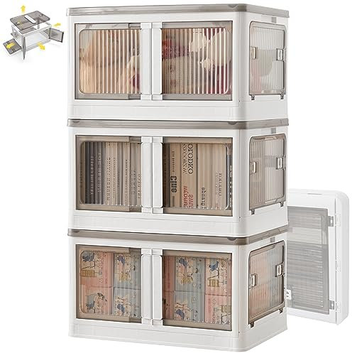 BTGGG 3 Tier Aufbewahrungsbox mit Deckel Groß 55L*3 Stapelbare Kunststoff Faltbare Aufbewahrungsboxen 5 Wege zur Öffnung mit Abschließbar Tür, Bewegliche Stapelkisten Lagerboxen für Organisation