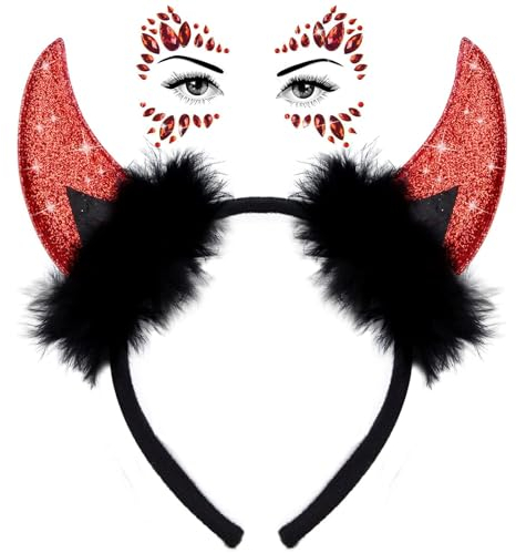 Sunwuun Karneval Halloween Deko Teufelshörner Glitzer Tattoo Gesicht Steine,Teufel Hörner Haarschmuck Haarreifen Männer Damen Kinder,Karneval Halloween Cosplay Party Teufel Kostüm Zubehör (Rot)