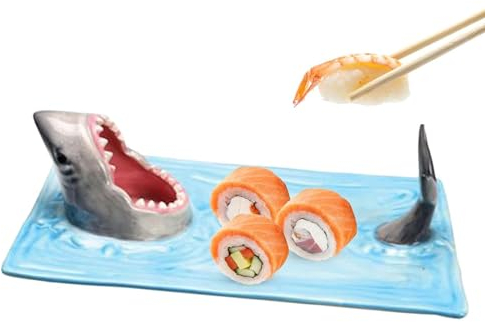 JTBDWOSK Placa De Hai-Sushi, Placa De Tiburón Hecha De Cerámica, Placa De Tiburón A Prueba De Heladas Hecha De Cerámica, Bandeja para Servir con Soporte De Soja Y Palillos,Azul