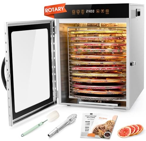 Kwasyo 12 Trays Stainless Steel Rotate Food Dehydrator, Dual fan 720° Efficient Drying, 24H Adjustable Timer & 30-90℃ Temperature Control, Dehydrator Food Dyer uk for meat fruit, 1000W
