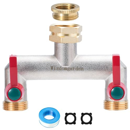 Wisdomgarden Wasserverteiler 2fach, Schwere Vernickelt Messing gartenschlauch verteiler, 2 wege verteiler wasser mit 2 Verlängerungsgriffen,Der verbesserte sechseckige Wassereinlass ist langlebiger