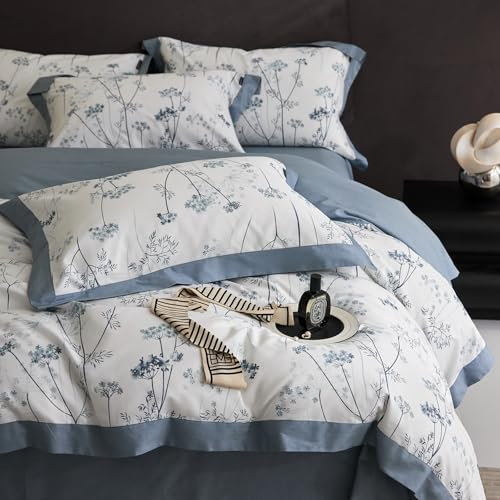 HighBuy Süßes blaues Blumen-Bettwäsche-Set, für Doppelbett, Boho-Blumenmuster, Baumwolle, weich, für Mädchen, Cottagecore-Blumen, Pflanzenmuster, luxuriöses Bettwäsche-Set, 1 Bettbezug 68 x 86 cm, 2