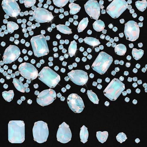 186 Pcs Strass a Coudre,Strass en Verre Strass a Coller,Pierres Précieuses à Coudre en Verre,Strass a Coudre Griffes en Métal Incrustées,pour Bricolage Vetement Décoration (Bleu Ciel)