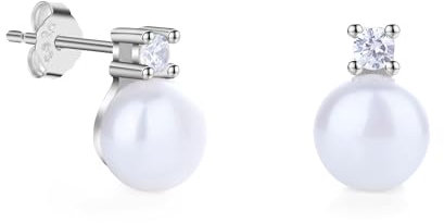 GAVU Frauen 925 Silber Ohrstecker mit weißen halbrunden Perlen und Zirkonia Ohrringe für Damen