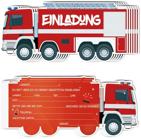 YianHien Feuerwehrauto Einladungskarten Kindergeburtstag Junge, Coole Feuerwehr Einladungskarten Geburtstag Partyeinladungen, Einladung Kindergeburtstag Junge, Geburtstagseinladungen Kinder 12 Stück