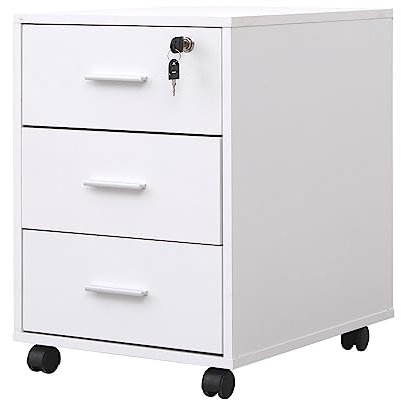 Mobile Lockable File Storage Cabinet with 3 Drawers on Wheels Under Desk Wood Beside Cabinet Pedestal for Unit Document Home Office Printer Stand Filing Side Drawers Nightstand on Caster (white#2)