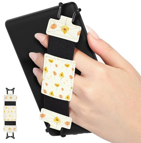 MoKo Correa de Mano de Seguridad para 6-8 Kindle eReaders Fire Tableta - Kobo/Voyaga/Lenovo/Sony Kindle E-Book Tableta,Correa de Agarre de Dedo Elástico Ligero Antideslizante, Flor en Blanco