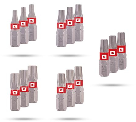 Original Einhell Standard-Bits, 25 mm, T15/T25/T27/T30/T40 (Chrom Vanadium, präzises Schrauben, gute Kontrolle, roter Farbring, C 6.3 Schaft)