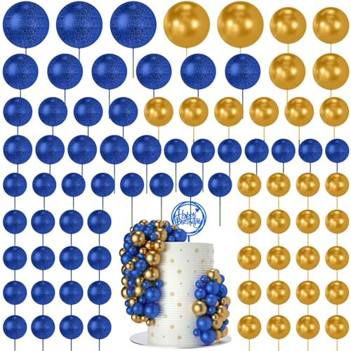 NACHLYNN 80 Pcs Cake Balls Decorations Mini Balloon Cake Topper Balls Foam Cupcake Toppers Balls for Cake Decorating Birthday Parties Weddings Anniversary (Glitter Royal Blue Gold)