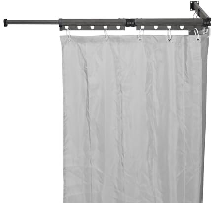 Tringle Douche Angle Reglable avec Rideaux de Douche, 3/4/5 Pli Barre de Douche Angle Sans Percage, 200cm Rideau de Douche avec Anneaux, Sechoir a Linge Pliable (gris, 4 plis)