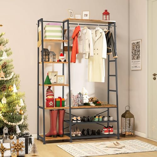 YITAHOME Appendiabiti, Grande Attaccapanni da ingresso con panca, Porta Abiti industriale con vano portascarpe, Appendiabiti da terra con 9 ganci e 5 ripiani, per ingresso, soggiorno, Marrone Vintage