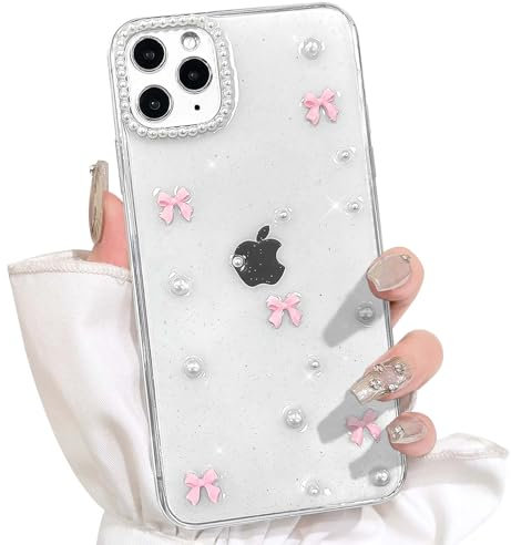 NITITOP Compatible with iPhone 11 Pro Max Case Clear Cute for Women Girls Glitter with 3D Bowknot Pattern Pearl Design Bling Sparkly Protective Phone Cover - Pink
