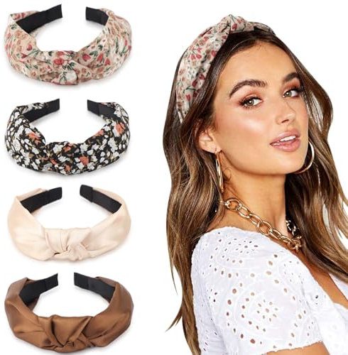 DRESHOW Haarreifen Damen Mädchen 4 Stück Verknotet Stirnband Haarreif Damen Boho Breite Haarbänder Anti-Rutsch Haarreifen