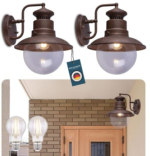bmf-versand® Außenleuchten Wand 2er Set - LED Außenwandleuchten Rost Optik Laterne - Außenlampe Glas Schirm - Außenwandlampe E27 - Wandlampe Außen