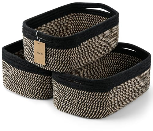 Maxuni 3-Pack Shelf Baskets for Organizing, Closet Organizer Bins, Small Woven Baskets, Rope Toy Basket, Storage Basket for Shelves, Cube Decorative Box, 11.5×7.5×4.7”, Black Brown