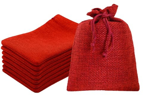 Mandala Crafts 2x3 Inch Red Burlap Drawstring Gift Bags for Favors - 50 Mini Linen Sacks Gift Pouches for Candy, Jewelry, Wedding, and Party Supplies