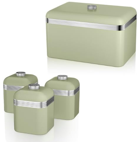 Swan Retro Green Bread Bin and Tea, Coffee, Sugar Canisters. Matching Retro Design Kitchen Storage Set in Green