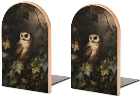 Lot de 2 serre-livres en bois robustes en forme de chouette dans la forêt sombre pour la maison, le bureau, les bibliothèques