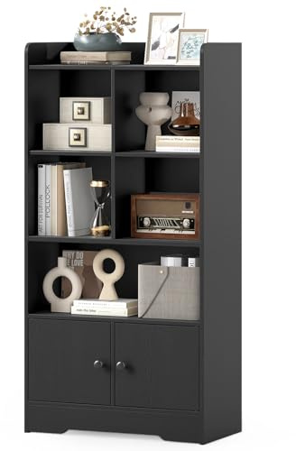 COSTWAY Wooden Bookcase, Freestanding Storage Bookshelf Cabinet with 4 Cubes, Open Shelves & 2 Doors, Display Rack Shelving Unit Cupboard for Living Room, Bedroom, Hallway and Office (Black)