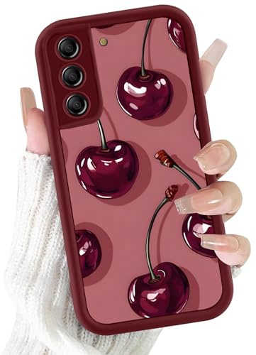 Kivlclri Handyhülle für Samsung Galaxy S21 FE 5G Hülle 6,7, Aesthetic Rot Kirsche Muster Motiv Design für Mädchen Schutzhülle Kameraschutz Stoßfest Weiche Bunt Rot Silikon TPU Bumper Case