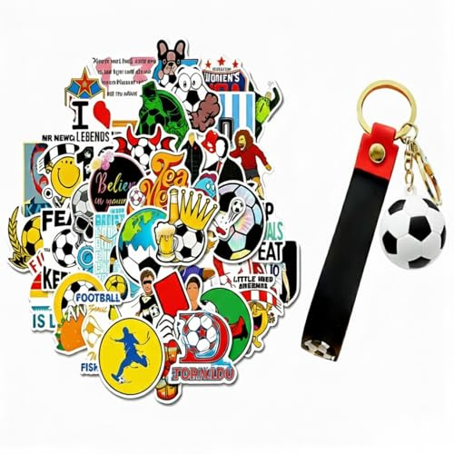 ZWWOGE Adesivi Calcio per Bambini 50 Pezzi con Portachiavi Nero, Stickers in Vinile Impermeabili per Auto Borse, Regalo Ragazzi Compleanno Mondiali di Calcio 2026
