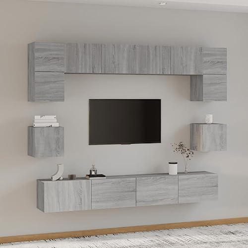 Ziaphsol Ensemble de 8 meubles TV gris en bois Sonoma Montage mural Espace de rangement pour salon Console multimédia Largeur 60-100 cm Design moderne