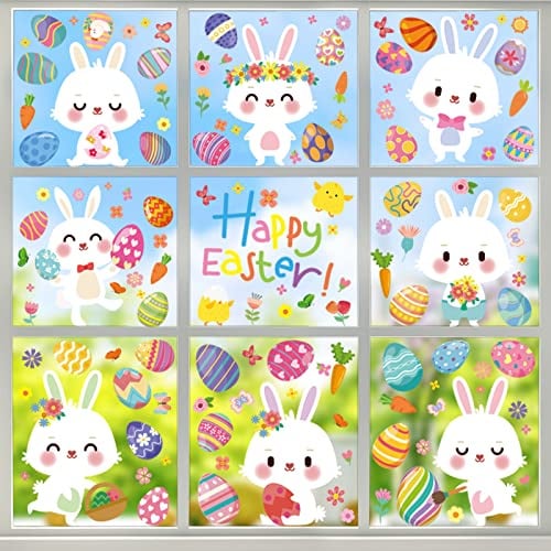Großes Fensterbilder Ostern Selbstklebend, 174 PCS Happy Easter Fenstersticker 9 Blätter, niedliche Kaninchen Eier Blume Wandaufkleber Fenster Aufkleber Dekorationen Wiederverwendbar für Ostern
