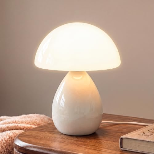 Dawnwake Pilz Nachttischlampe Tischlampe, Led Dimmbar Tischleuchte Deko Wohnzimmer, Schlafzimmer Tischlampen, Mushroom Bedside Table Lamp, Keramikbasis Glas Klein Nachtlampe (Cream-B)