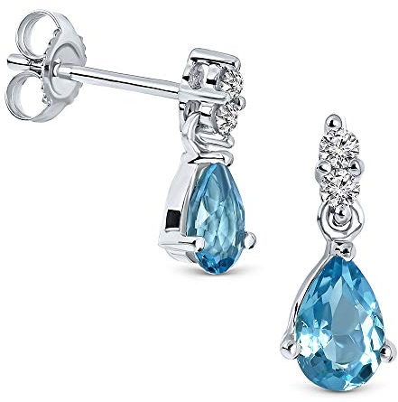 Miore Ohrringe Damen 0.08 Ct Diamant tropfen Ohrhänger mit Edelstein/Geburtsstein Topas in blau aus Weißgold 9 Karat / 375 Gold, Ohrschmuck mit Diamanten Brillanten