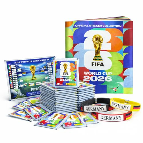 XXL Kit démarrage – Panini Stickers Coupe du Monde 2026 avec 1 Album & Stickers – 1 Calendrier matchs Coupe du Monde 2026 & 3 Bracelets Allemagne (1 Sachet/Set 13 pièces) Bundle Propre