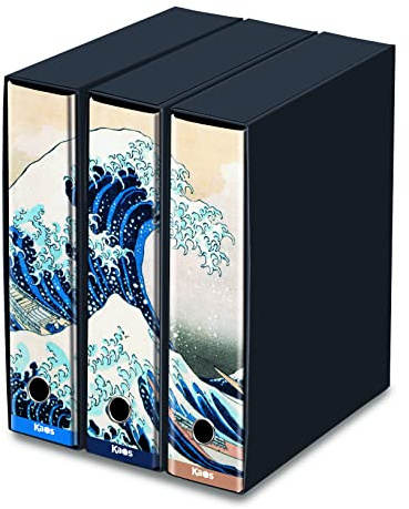 Kaos - Set 3 Raccoglitori ad Anelli - HOKUSAI, La Grande Onda di Kanagawa - Dossier Dorso 8 cm, Meccanismo a Leva - Protocollo Portadocumenti per Casa e Ufficio - Misure: 26cm x 29cm x 35cm
