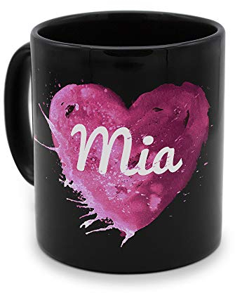 printplanet - Tasse Schwarz mit Namen Mia - Motiv: Painted Heart - Namenstasse, Kaffeebecher, Mug, Becher, Kaffeetasse