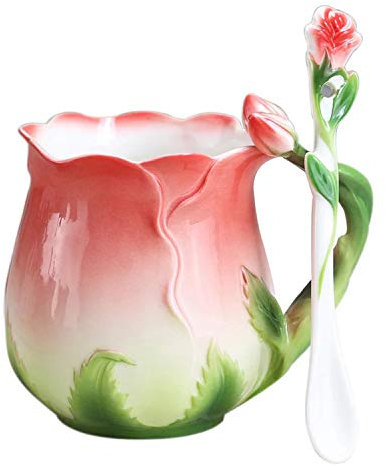 YBK Tech Neuheit 3D Rose Tasse Bone China Porzellan Kaffee Tasse Nachmittag Tee Tasse und Löffel Set (rot)