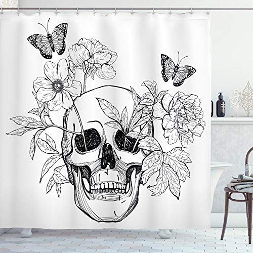 ABAKUHAUS Totenkopf Duschvorhang, Schädel Schmetterlinge, Stoffliches Gewebe Badezimmerdekorationsset mit Haken, 175 x 180 cm, Schwarz und weiß