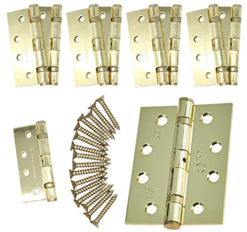 Door Hinges 4 102mm Ball Bearing 5 Pair Pack [10 Hinges & Screws] Polished Brass Finish