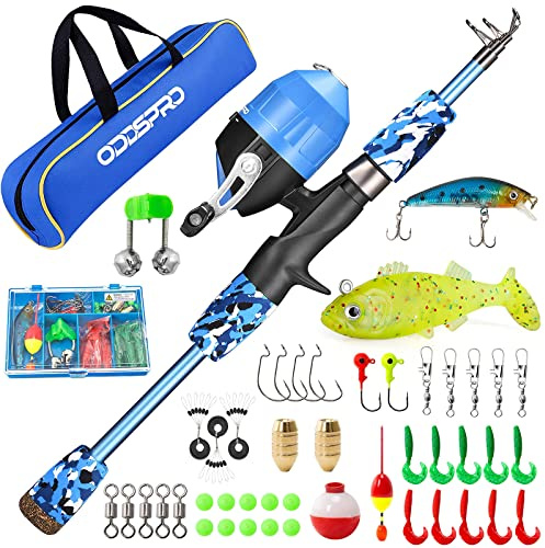 ODDSPRO Kids Fishing Pole - Kids Fishing Starter Kit - with Tackle Box, Reel, Practice Plug, Beginner's Guide and Travel Bag for Boys, Girls