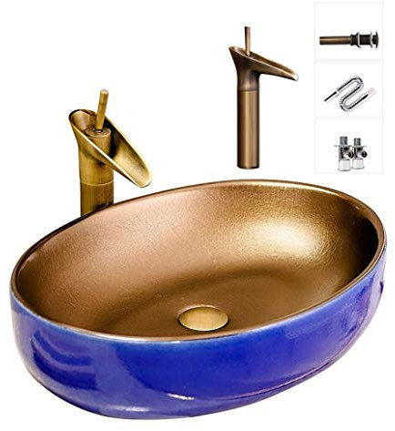 Lavabo-Vasque Ovale, Vasque à Poser Pour Salle De Bain, Vasque En Verre Trempé, Avec Robinet Et Accessoires, Vasque En CéRamique Moderne, HôTel (55x40x14cm),C