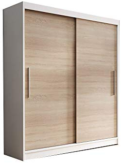 MOEBLO Kleiderschrank Schwebetürenschrankmit Spiegel 2-türig Schrank mit 6 Einlegeböden und Kleiderstange Gaderobe Schiebtüren BxHxT 150x200x61 Lara 04 (Weiß + Sonoma)