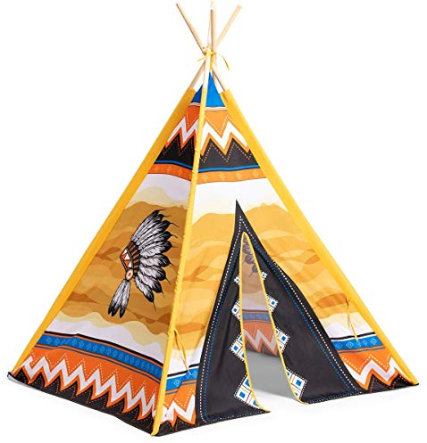 L.A. Sports Kinder-Tipi-Spielzelt | Indianerzelt mit Buntem Motiv für drinnen & draußen | Schnell aufbaubares Tipi-Zelt mit Holzstäben | Wasserabweisendes Kinderzelt