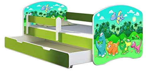 ACMA Kinderbett Jugendbett mit Einer Schublade und Matratze Grün mit Rausfallschutz Lattenrost II 140x70 160x80 180x80 (30 Dino, 180x80 + Bettkasten)