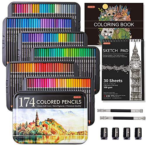 Shuttle Art 174 Buntstifte, professionelles Farbstifte Set auf Weichwachsbasis mit 1 Malbuch, 1 Skizzenbuch, 1 DIY-Malblatt, 4 Spitzern und 2 Stiftverlängerern, für Künstler, Erwachsene geeignet