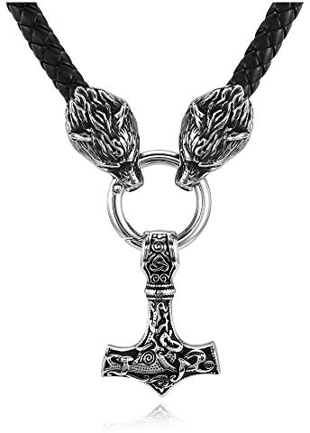 PiercingJak Herren Halskette Thors Hammer Wikinger mit Fenris Wolf Geflochtene Lederkette Edelstahl Mjölnir Keltischer Knoten Anhänger Nordischer Schmuck Amulett, Silber/Schwarz