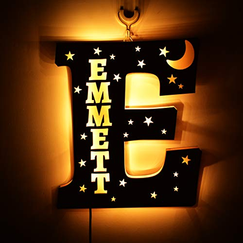 zouwii Name-Specific Wooden lamp Personalized Wood Letter Wall Light & Custom Sign Letters Wooden for Kids Room Wooden Children's Moon Stars Bedside lamp
